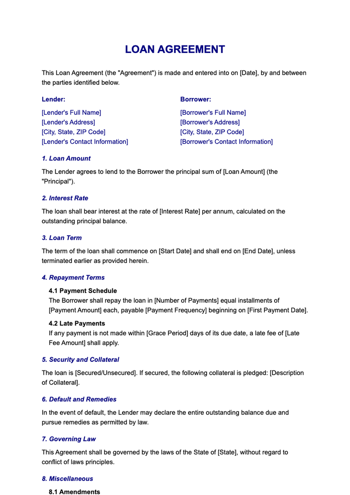 Loan agreement template with fillable fields for lender borrower details payment terms and bank_variant_1